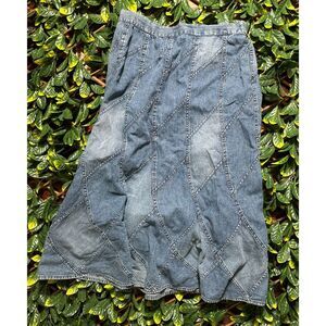 Vintage 100% Cotton Denim Embroidered Bohemian Midi Skirt Size Large